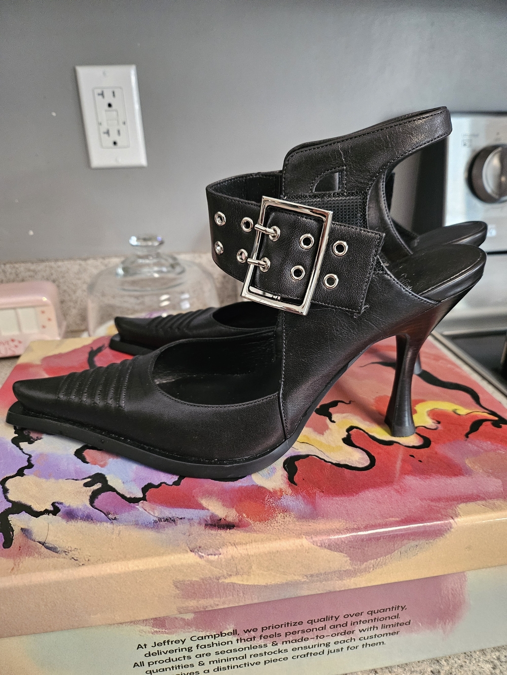 Jeffrey Campbell Black Leather Pointed Slingback Heels with Buckle